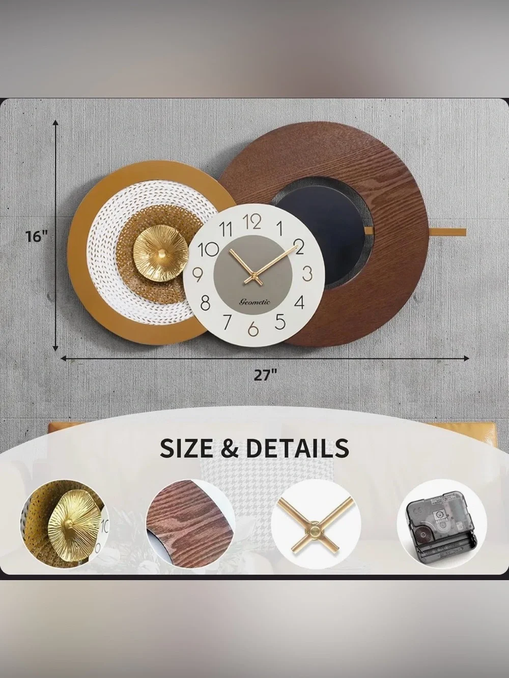 Modern Large Wall Clock Quartz Mechanism,Metal & Wood Design, Battery Operated